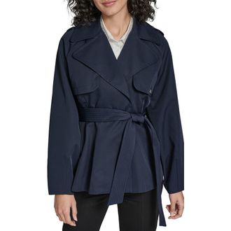Karl Lagerfeld Short Flared Trench Coat in Navy at Nordstrom, Size X-Small