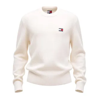 Tommy Jeans Round-neck Knitwear, male, White, Size: XL Badge Contrast Knit Jumper