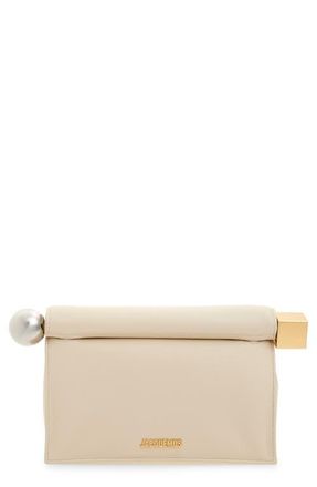 Jacquemus La Pochette Rond Carr&eacute; Leather Clutch in Light Ivory 115 at Nordstrom