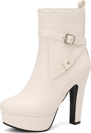 Generic Womens Platform High Heel Ankle Boots Faux Leather Buckle Detail Round Toe Side Zipper Chunky Hells Stylish Evening Party Date Night Casual,White,3 UK