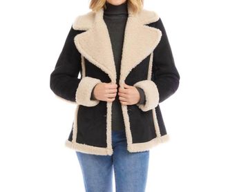 Karen Kane Faith Faux Suede Shearling Jacket In Black And Cream