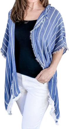 Greek Archaic Kori Denim Striped With Fringe Detail Hoodie In Blue