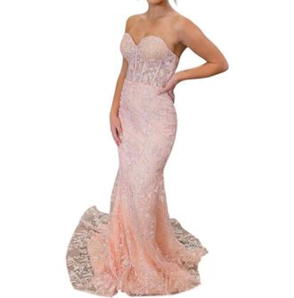 Sherri Hill Lace Embroidered Gown In Blush