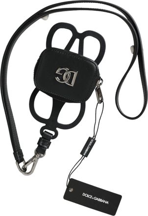 Dolce & Gabbana Mens Black Calfskin Leather Dg Logo Coin Purse Lanyard Wallet Calf