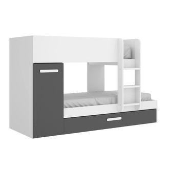 Dmora Cama Infantil Dcierv, Dormitorio Completo Con Armario Y Cajonera, Composici&oacute;n Litera Con Dos Camas Individuales, 244x112h150 Cm, Blanco Y Antracita - 