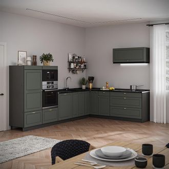 Vicco Cucina Angolare Completa Fame-line, Verde-oro Rustico/antracite, 327 X 227 Cm, Pl Antracite, Vicco