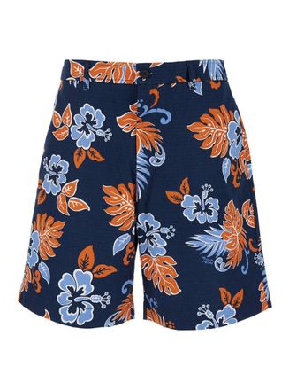 Maison Kitsuné Blue Bermuda Shorts With Floral Print In Cotton Man