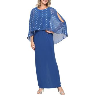 S.L. Fashions Metallic Foil Chiffon & Matte Jersey Gown in Dark Blue at Nordstrom, Size 16P