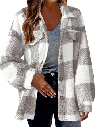 Generic Autumn Jacket Womens Checked Shirt Blouse Long-Sleeved Loose Shacket Flannel Jacket With Buttons Transition Jacket Warm Teddy Fleece