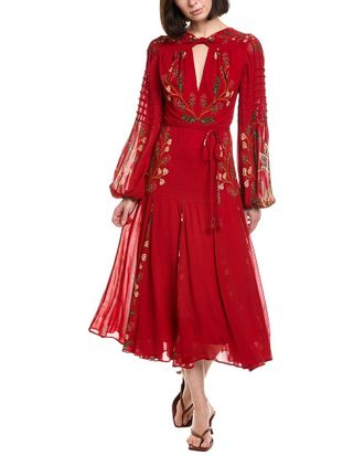 Farm Rio Farm Rio Berry Garden Red Long Sleeve Pleated Maxi Dress