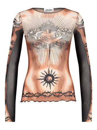 Jean Paul Gaultier long-sleeves tattoo-print top - Neutrals