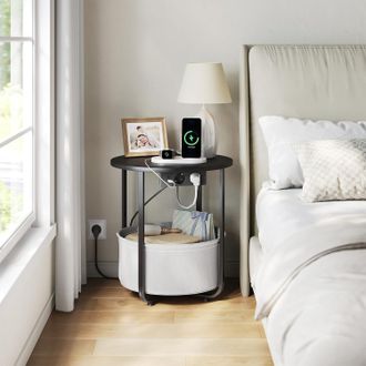 Woltu Woltu Mesa Auxiliar, Mesa De Centro, Con Cesta Extra&iacute;ble, 2 Enchufes, 1 Puerto Usb Y 1 Puerto Usb-c, Redonda, Negra Y Gris