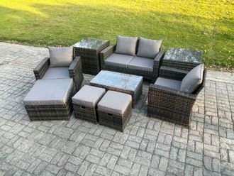 Fimous 7 Seater Dark Grey Outdoor Rattan Garden Furniture Set Patio Lounge Sofa Rectangular Coffee Table with 2 Side Table