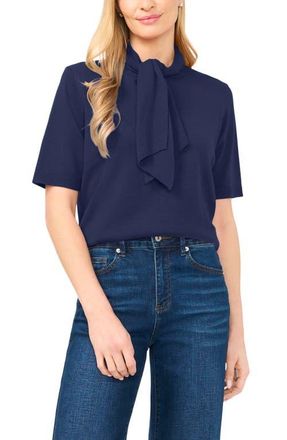 CeCe by Cynthia Steffe Tie Neck Short Sleeve Sweater in Classic Navy at Nordstrom, Size X-Large