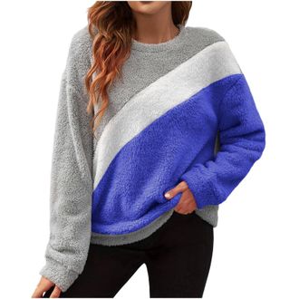 Generic Blue Womens Fuzzy Fleece Pullover Sweatshirt Colour Block Sherpa Warm Jacket Teddy Plush Long Sleeve Round Neck Soft Thermal Jumpers Autumn Winter Fas