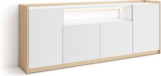 Skraut Home Skraut Home - Aparador Para Sal&oacute;n, Gran Capacidad De Almacenaje, 207x37x80cm, 4 Puertas, Led, Estilo Moderno, Blanco Y Roble Soft