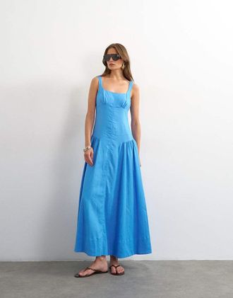 Topshop Vestito lungo da giorno in misto lino blu fiordaliso con vita scesa