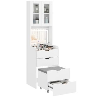 OEM Tocador De Maquillaje Con Luces Led De 3 Colores Espejo Abatible Y Taburete Acolchado 3 Cajones Y Estantes Blanco