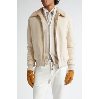 Eleventy Boiled Wool & Genuine Shearling Bomber Jacket in Sand at Nordstrom, Size 48 Us