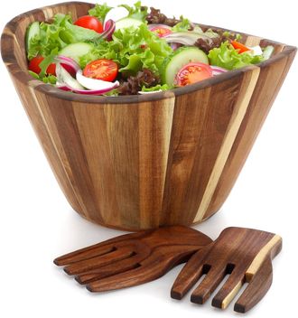 MegaChef Large Acacia Wood Salad Bowl with Serving Utensils