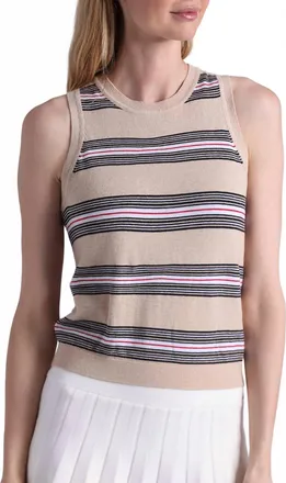 Minnie Rose Cotton Cashmere Striped Crew Neck Tank In Brown Sugar