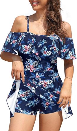 SHEKINI Womens Skirted One Piece Swimsuit Off-Shoulder Swimwear with Shorts Ruffled Flounce Swimming Costume Bathing Suits