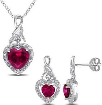 Delmar Sterling Silver Lab Grown Ruby Heart & Diamond Necklace & Earrings Set in Red at Nordstrom Rack