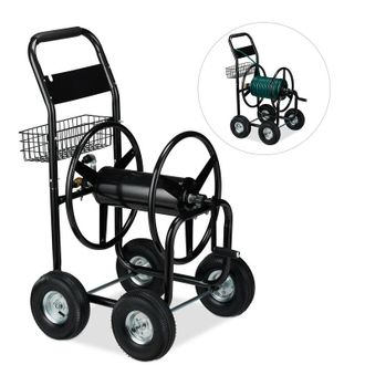 Relaxdays Carro Para Manguera, Cuatro Ruedas De Goma, Xl, Con Manivela, Para 60m, Metal, 114 X 64 X 90 Cm, 1 Ud., Negro - Relaxdays