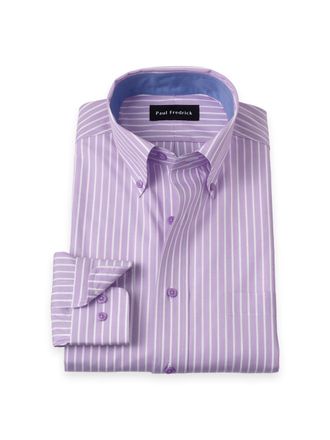 Paul Fredrick Tailored Fit Non-iron Cotton Stripe Dress Shirt With Contrast Trim