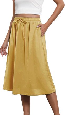 Generic Midi Skirt with Pockets | Midi Skirts for Women UK Elasticated Waist A Line Solid Color-Ladies Skirts Elasticated Waist Cotton Beach Swing Skirts Knee