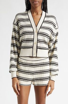 Ramy Brook Romy Stripe Crop Pointelle Cardigan in Black Stripe at Nordstrom, Size Xx-Large