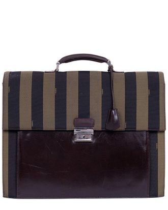 Fendi Brown & Black Pequin Striped Canvas & Black Calfskin Leather Briefcase (Authentic Pre-Loved)