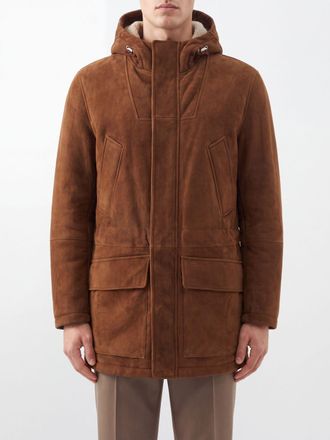 Brunello Cucinelli Knee-Length Hooded Parka in Suede Calfskin