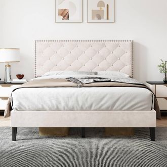 Merax 4ft6 Double Beige Velvet Upholstered Bed with Adjustable Headboard