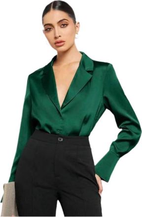 Generic Womens Emerald Satin Long Sleeve Blouse V-Neck Collared Shirt (UK, Alpha, S, Regular, Short, Emerald)
