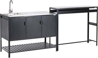 Beliani Armadietto da giardino in acciaio a 3 ante con piano in acciaio inox nero Maenza