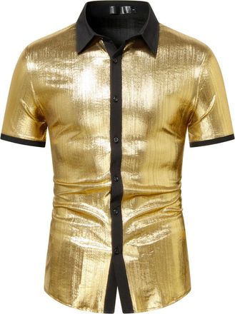 Generic Glitter Shirt Mens Short Sleeve Shirts with Sequins Shiny Shirt Mens Slim Fit Stylish Button Down Shirts Carnival Party Shirt 70s Disco Party Costume 