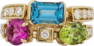 Bulgari 18K Yellow Gold Allegra 2 Band Multi Gem Ring Size S