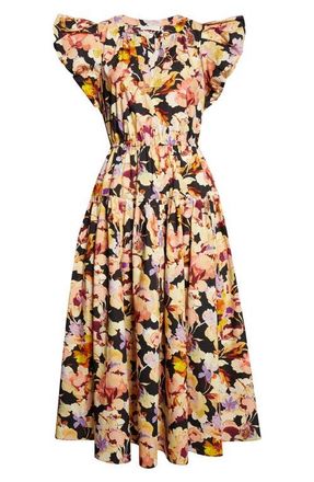 Ulla Johnson Marin Floral Silk Midi Dress in Night Bloom at Nordstrom, Size 00