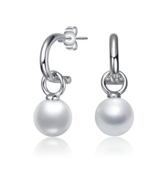 Rachel Glauber White Gold Plated with Round Pearl Huggie Drop Earrings