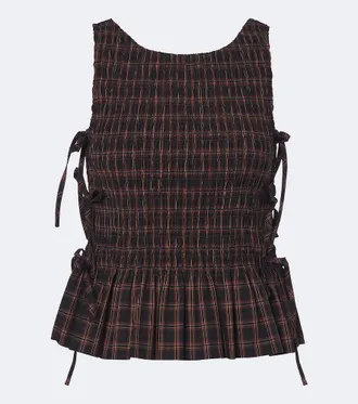 Ganni Checked shirred cotton top
