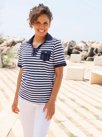 Casual Looks Poloshirt CASUAL LOOKS Poloshirt, Damen, Gr. 36, marine, wei&szlig;, geringelt, 100% Baumwolle, gemustert, gestreift, Shirts Poloshirt