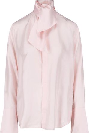 SA SU PHI Pink Lavalli&egrave;re High Collar Satin-Blend Blouse