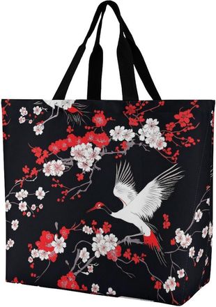 Generic Japanese Crane Bird Flowers Large Reusable Shopping Bag Lightweight Foldable Tote Bags Washable Shoulder Handbag