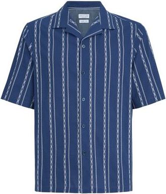 Brunello Cucinelli Seersucker short sleeve shirt in Navy Blue at Nordstrom, Size Xxx-Large Eu