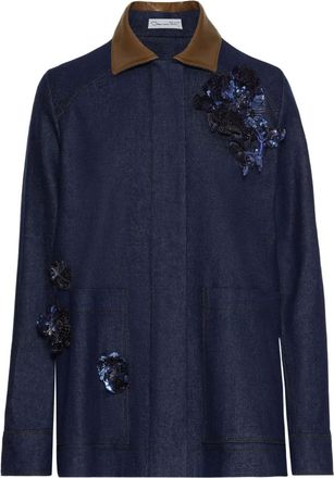 Oscar De La Renta sequin-embellished leather-collar denim jacket - Blue