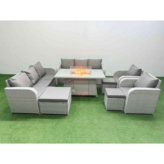 Fimous Pe Rattan High Back Lounge Sofa Set Patio Firepit Dining Table & Chairs Set with 3 Seater Sofa Reclining Chair 3 Stools Side Table Light Grey - Fimous