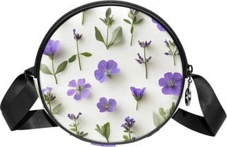 Generic Circle Crossbody Bag for Women, Floral Purple Small Sling Bag Daypack with Zipper Adjustable Shoulder Straps Casual Ladies Girls Round Purse