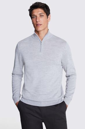 Moss Light Grey Merino-Blend Zip-Neck Jumper