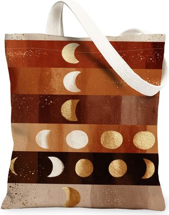 Generic Moon Phases Canvas Tote Bags, Celestial Pattern Reusable Grocery Bags, Autumn Lightweight Washable for Travel Beach Picnic, Brown, 13x15 Inch